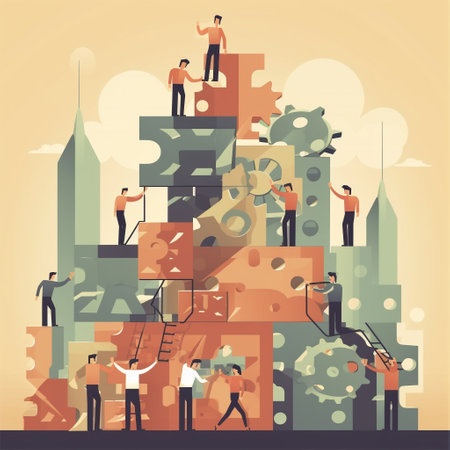 Business team building a tower of puzzle pieces. Business concept vector illustration.の素材