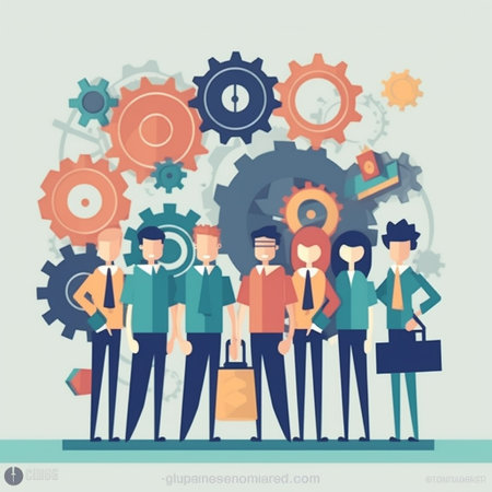 Teamwork concept with business people and gears. Flat style vector illustration.の素材