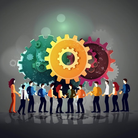 Teamwork concept. Vector illustration of business people working together on gearsの素材
