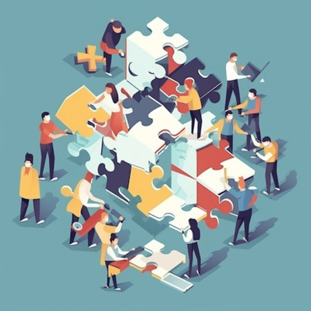 Teamwork isometric composition with group of people connecting puzzle pieces vector illustrationの素材