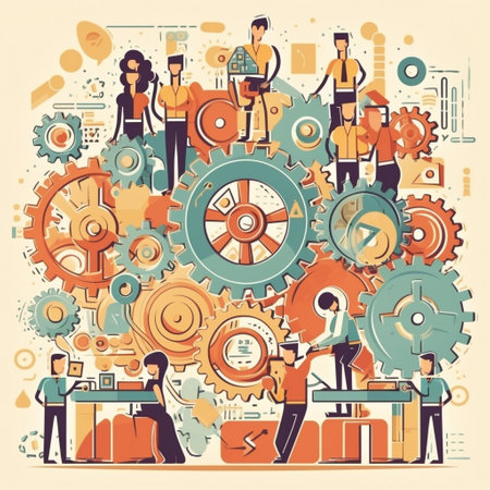 Vector illustration of people working with gears and cogwheels on light backgroundの素材