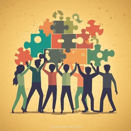 Teamwork concept. Business people assembling jigsaw puzzle. Vector illustrationの素材