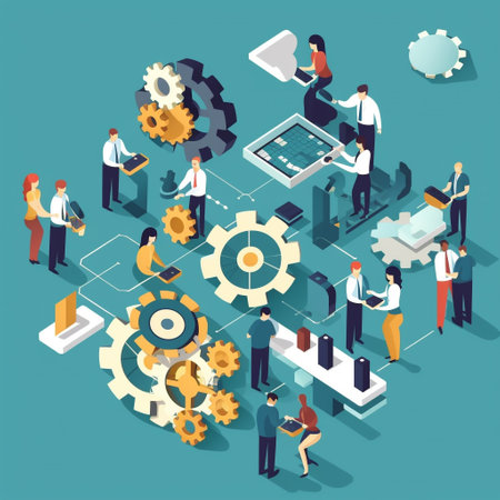 Teamwork isometric concept with business people and gears on blue background vector illustrationの素材
