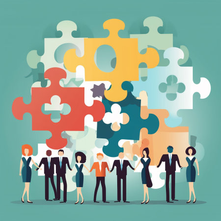 Teamwork of business people assembling jigsaw puzzle pieces. Vector illustrationの素材