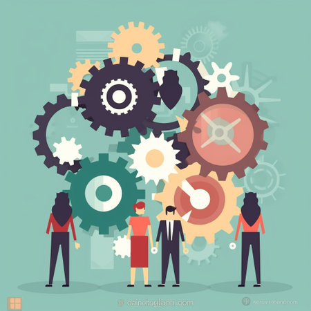 Teamwork concept with people and gears. Flat design vector illustration.の素材