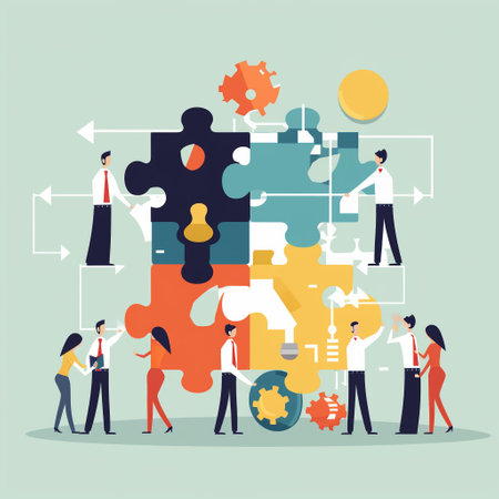 Teamwork concept. Flat design vector illustration. Business people connecting puzzle elements.の素材