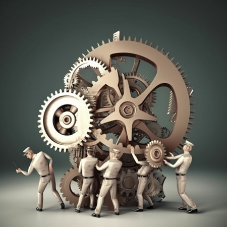 Teamwork concept with people and gears, 3d render illustration.の素材