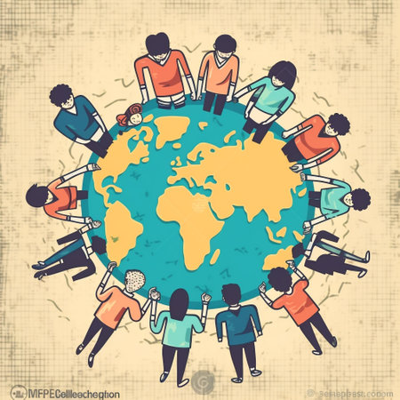 Vector illustration of a group of people around the world. The concept of global communication.の素材