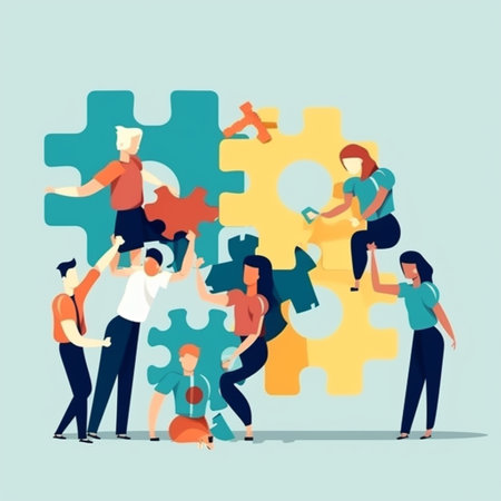 Teamwork concept. People assembling jigsaw puzzle together. Vector illustrationの素材