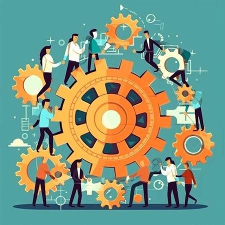 Teamwork concept. Vector illustration in flat design. Business people working together on gears.の素材