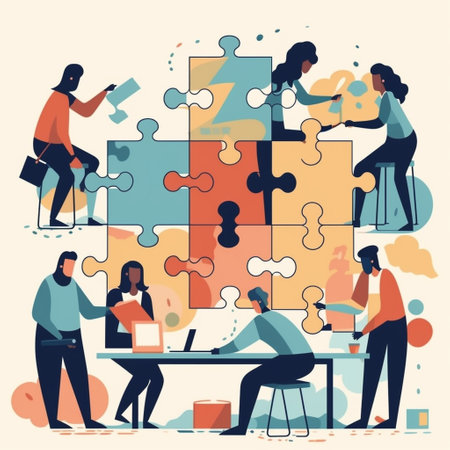 Teamwork concept. Business people assembling jigsaw puzzle. Vector illustrationの素材