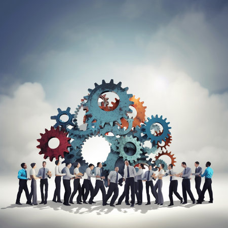 Group of business people and cogwheels on blue sky background. Teamwork conceptの素材