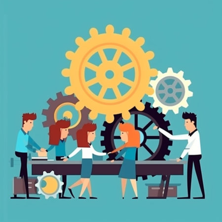 Team of business people working on gears and cogwheels. Vector illustrationの素材