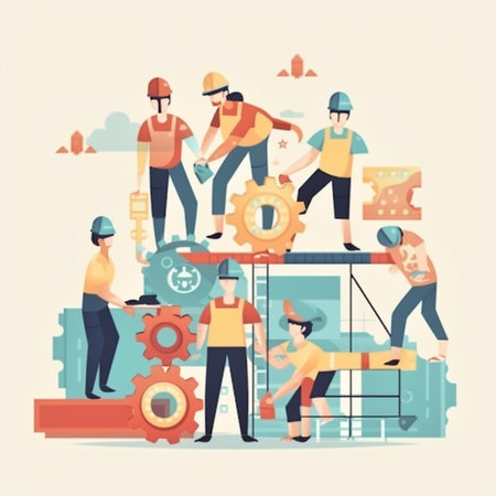 Teamwork concept with people working together in factory, flat vector illustrationの素材
