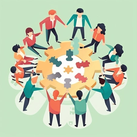 Teamwork concept. Business people assembling jigsaw puzzle. Vector illustrationの素材