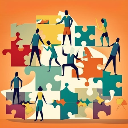 Teamwork concept. Vector illustration of business people assembling jigsaw puzzleの素材