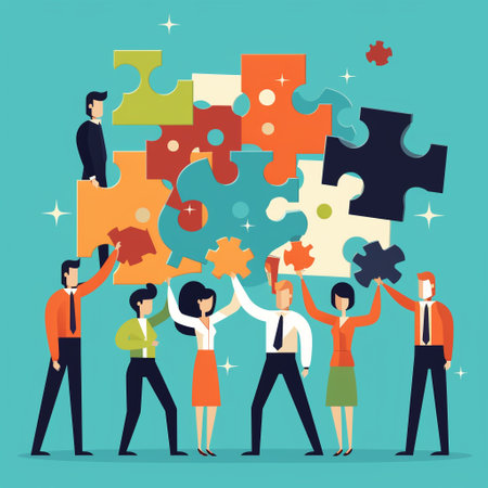 Teamwork and partnership concept. Business people assembling jigsaw puzzle. Teamwork vector illustration.の素材