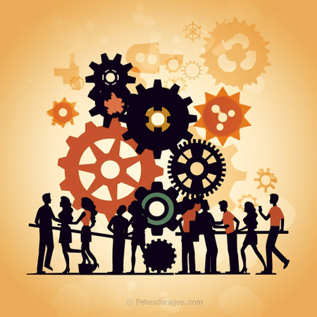 Teamwork concept. Business people working together with gears. Vector illustration.の素材