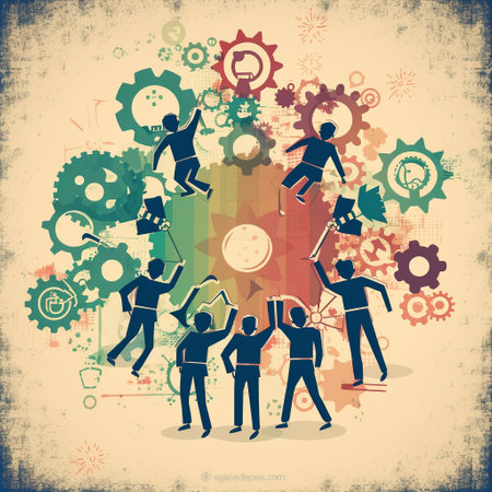 Teamwork concept. Vector illustration of a group of people working together.の素材