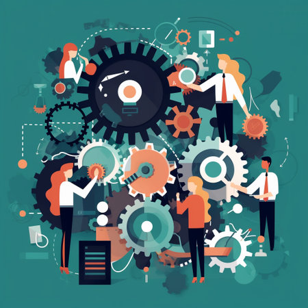 Teamwork process concept with business people working together on gears. Vector illustrationの素材