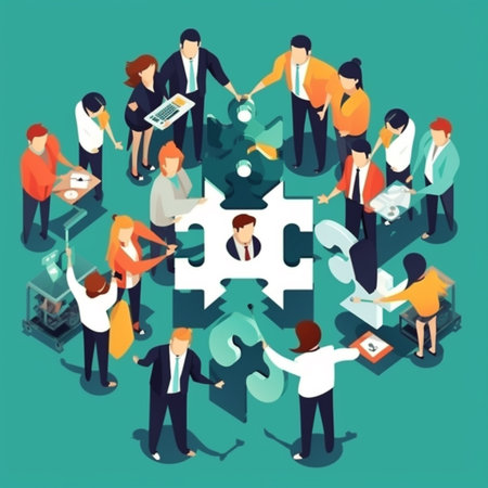 Teamwork isometric composition with business people assembling jigsaw puzzle vector illustrationの素材