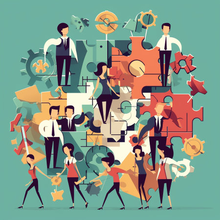Teamwork and partnership concept. Business people connect puzzle pieces. Vector illustrationの素材