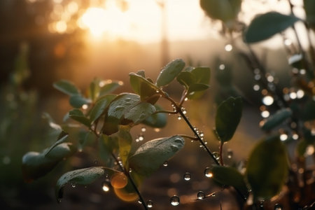 Morning dew on the leaves of bushes in the rays of the setting sunの素材