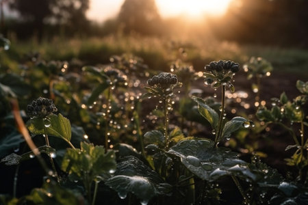 Morning dew on the grass. Morning dew on the plants.の素材