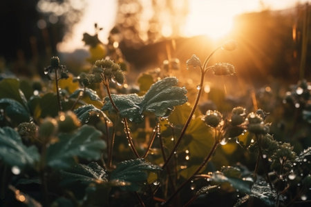 Close up of grass with dew drops at sunrise in the morningの素材
