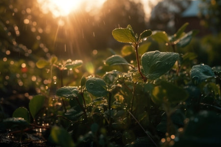 Morning dew on the grass. The first rays of the sun.の素材