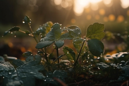 Morning dew on the leaves of a clover in the forestの素材