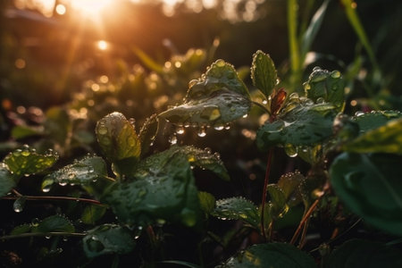 Morning dew on the leaves of a strawberry. Selective focus.の素材