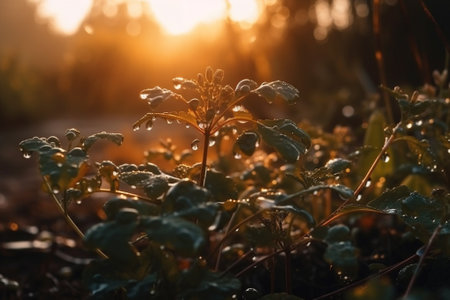 Morning dew on the leaves of plants in the rays of the setting sunの素材