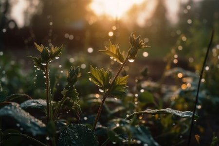 drops of dew on the grass in the rays of the setting sunの素材