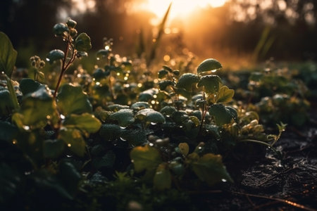 Green grass with dew drops at sunset. Beautiful natural background.の素材