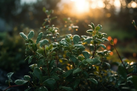 Fresh green mint leaves with dew drops in the morning light.の素材