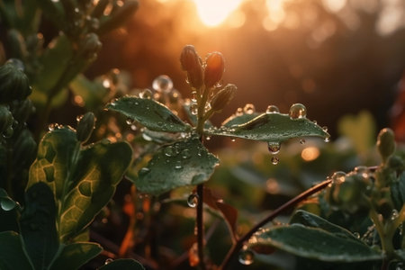 Morning dew on the leaves of a bush in the garden.の素材