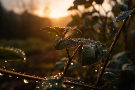 Morning dew on the leaves of a rose in the rays of the setting sunの素材