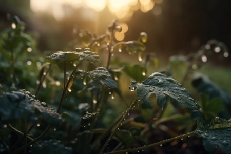 Morning dew on the leaves of a celandine plant.の素材