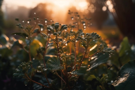 Morning dew on the leaves of a plant in the park.の素材