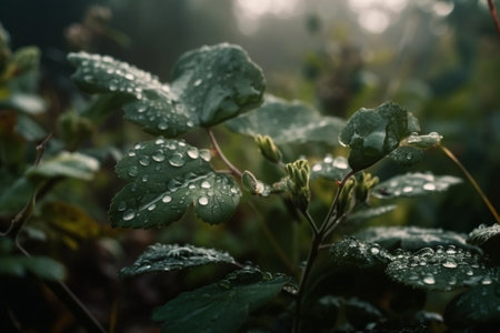 Morning dew on the leaves of a strawberry plant in the gardenの素材