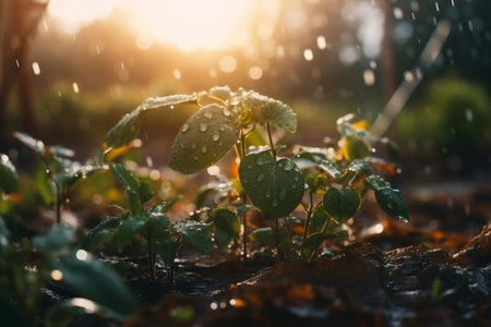 Sprout in the rain. Water drops on the seedlings.の素材
