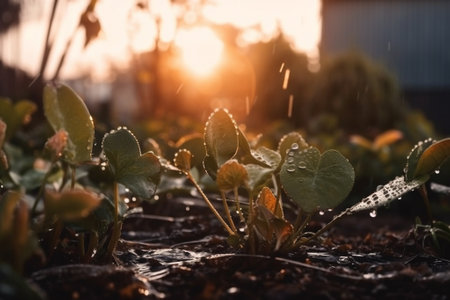 Morning dew on the young seedlings of cucumbers in the garden.の素材