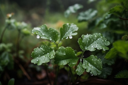 Drops of water on the leaves of a celandine plantの素材