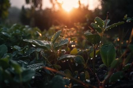 Morning dew on the leaves of a tea plant. Morning dew on the leaves.の素材