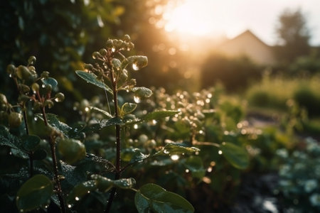 Morning dew on the leaves of a bush in the garden.の素材