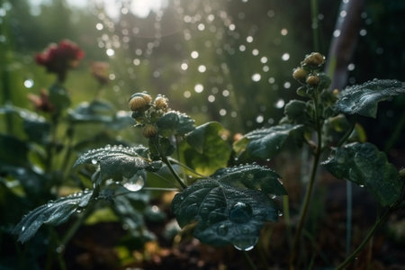 Raindrops on the leaves of a flower in the early morning.の素材