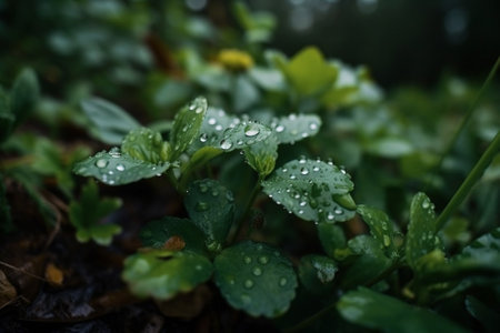 Water droplets on the leaves of a strawberry plant after the rainの素材