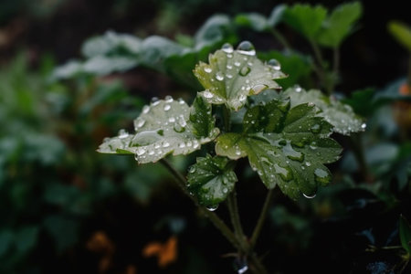 Drops of dew on the leaves of a geranium.の素材