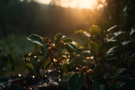 Bush with berries in the rays of the setting sun. Selective focus.の素材